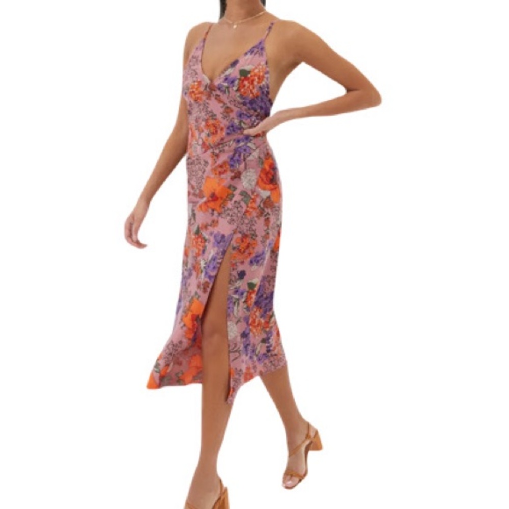 Urban Outfitters UO Lily Satin Wrap Midi Dress Size M Rose Floral Front Slit